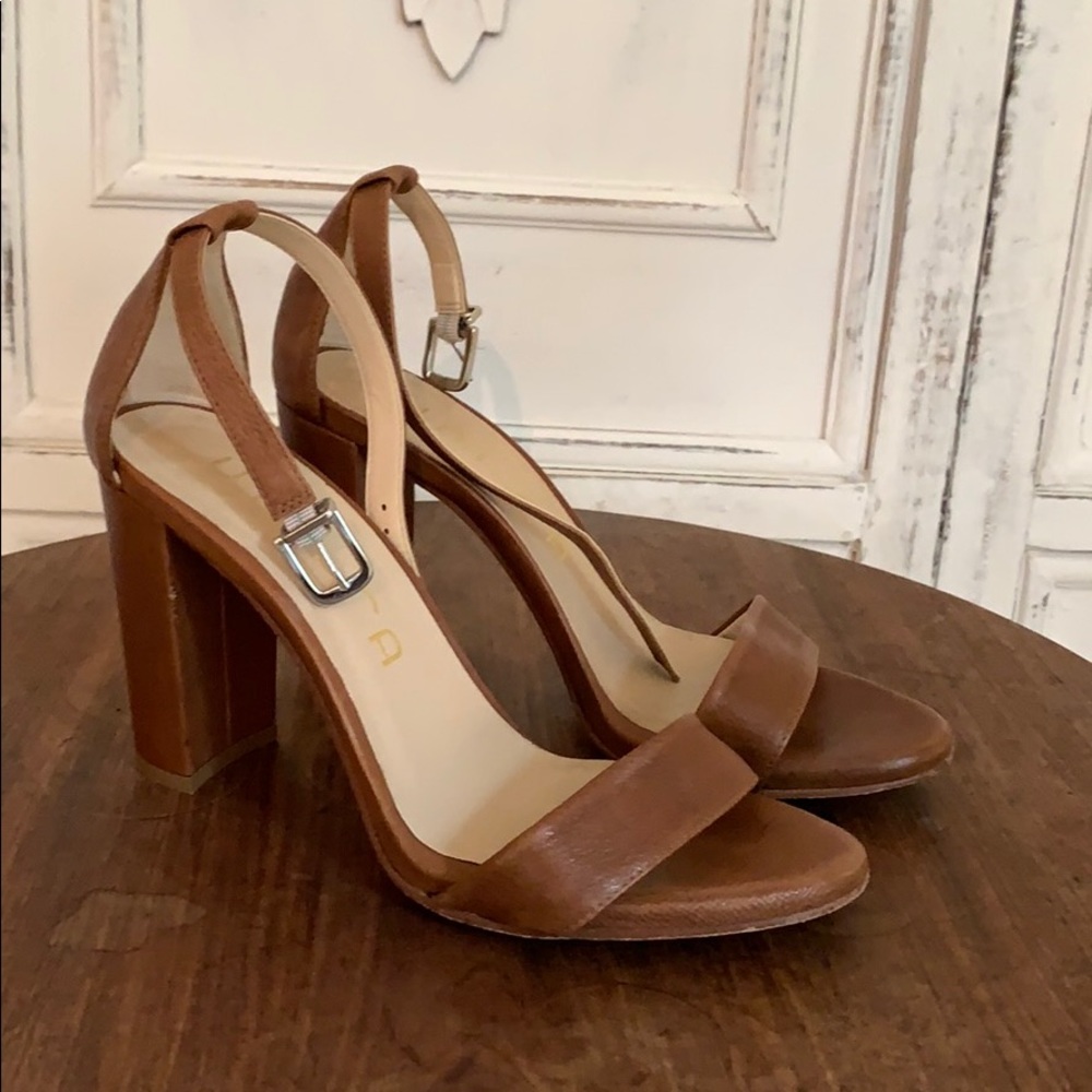 Brown leather block heels